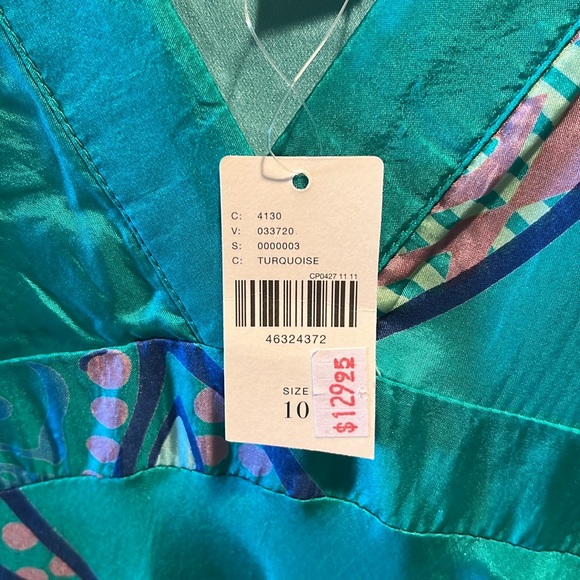 Silk Blue/Green Fish Print Maxi Dress. - Picture 7 of 8